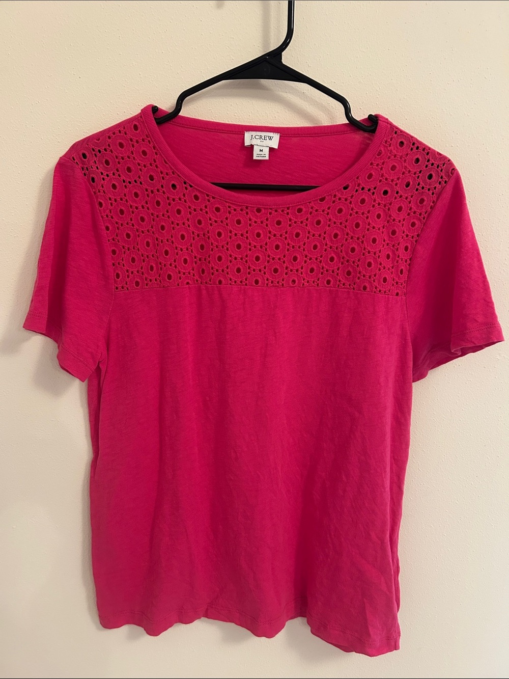 J. Crew Fuchsia Eyelet-Yoke Short Sleeve Tee